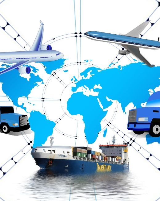 Ilustración de rutas aéreas, marítimas y terrestres sobre el mapa mundial