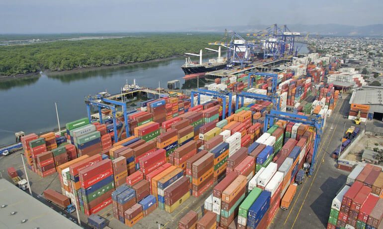 Aerial view of a container yard in operation